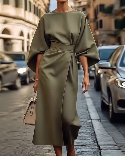 Vestido Celestine™ Elegante con Mangas Linterna y Cinturón de Moda