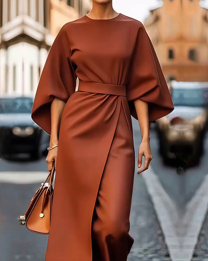 Vestido Celestine™ Elegante con Mangas Linterna y Cinturón de Moda