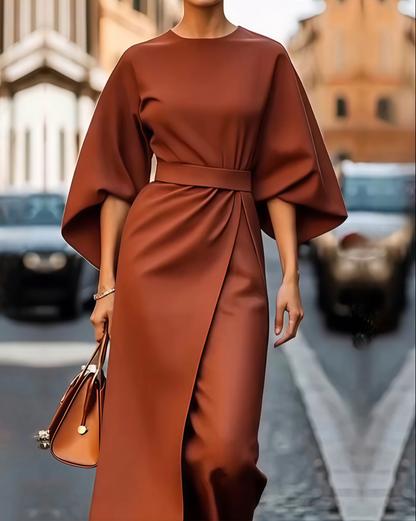 Vestido Celestine™ Elegante con Mangas Linterna y Cinturón de Moda